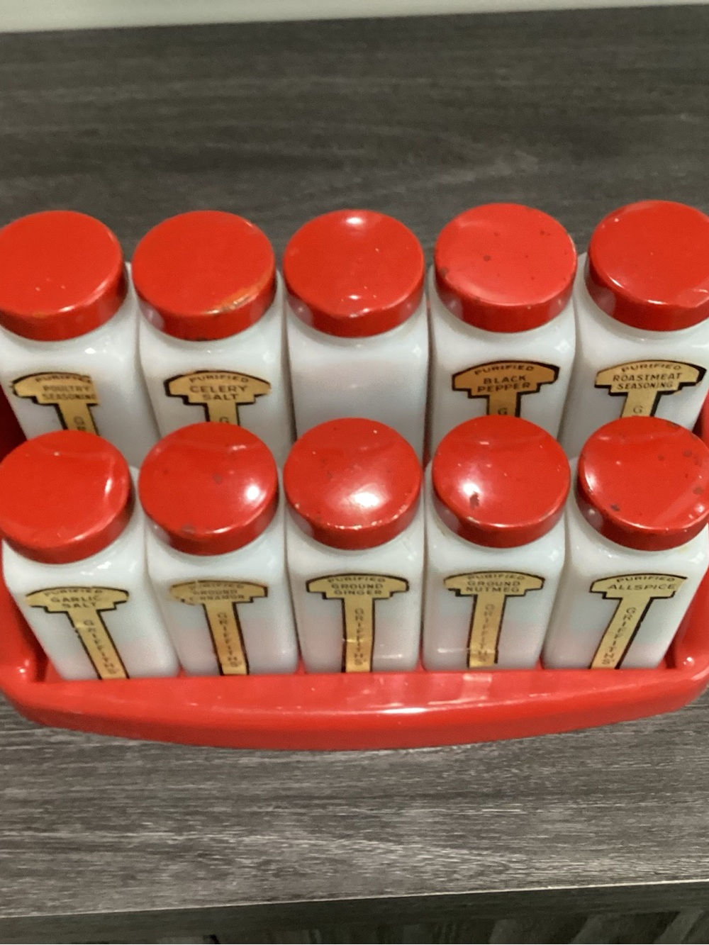 Vtg. Griffith’s Milk Glass Spice Rack Set, from 1930s-1950s.